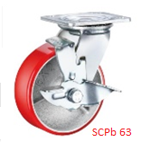 Опора колесная поворотная с тормозом, ф140 мм, нагрузка 360 кг, красный полиуретан (SCPb 63) 
